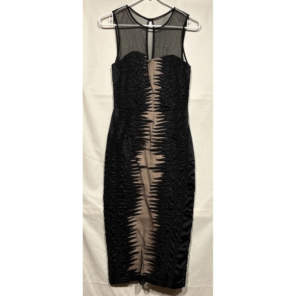 French Connection Dresses & Skirts - Black Beaded Cocktail Dress Netting Nude color Panels Sz 4 French Connection